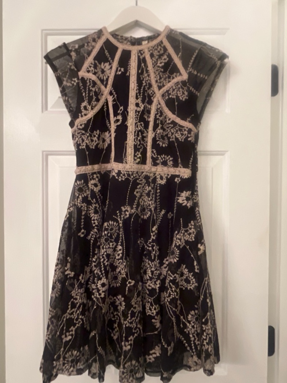 Free People Black Floral Lace Overlay Dress with Cream Embroidery
